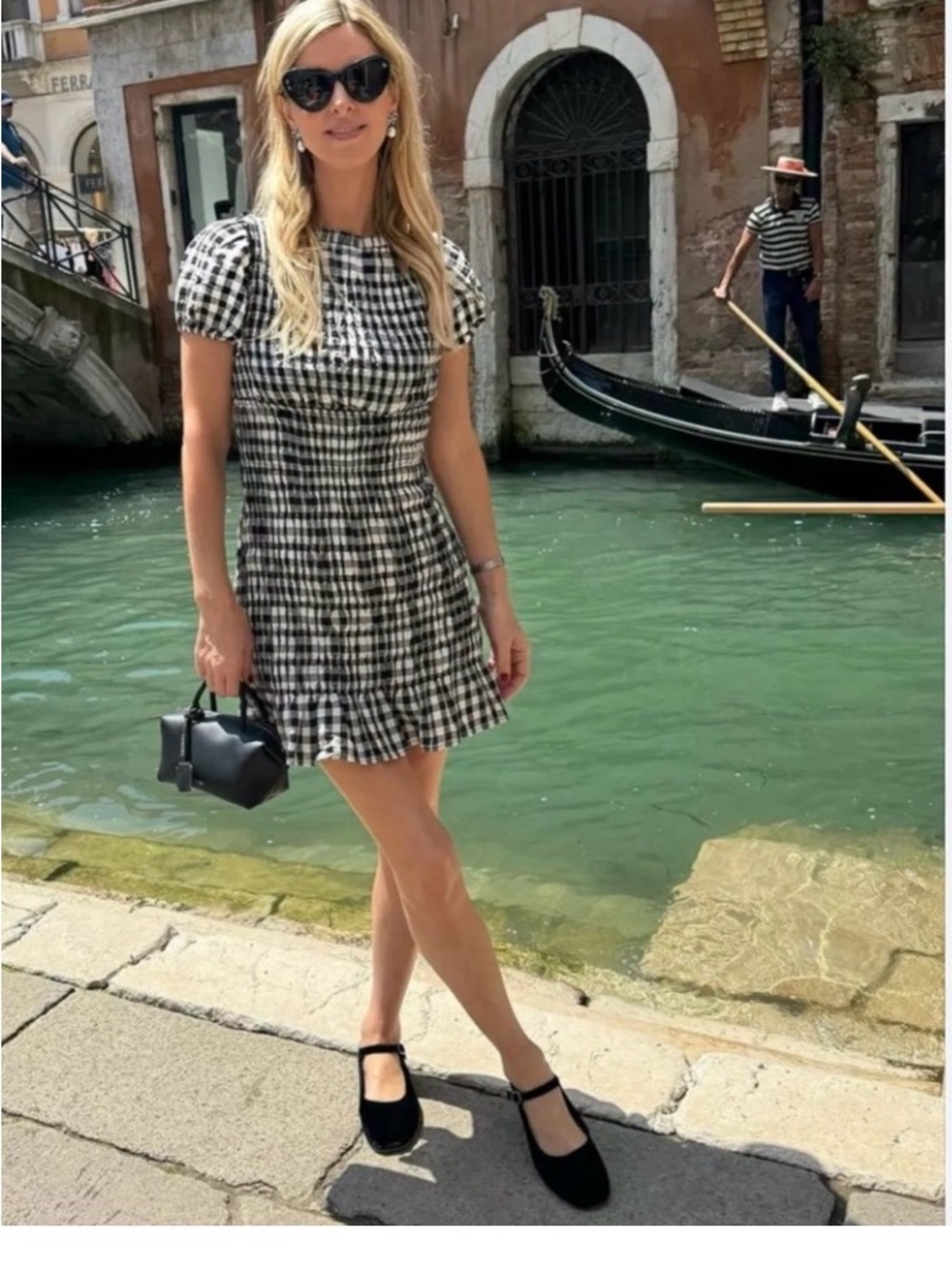 Doen Black & White Gingham Puff-Sleeve Mini Dress